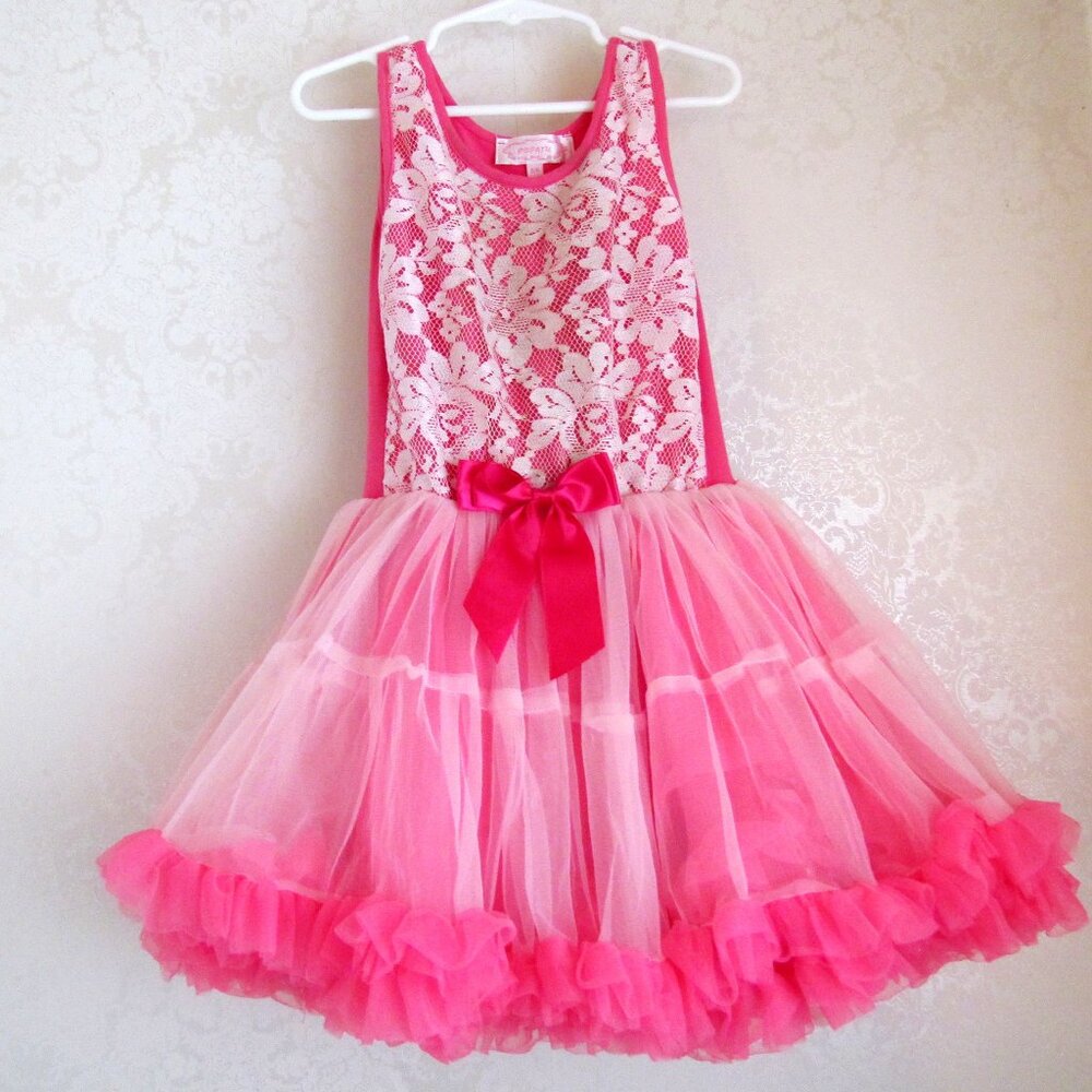 GIRL'S DANCE COSTUME, PINK CANCAN RUFFLED LACE DRESS w FLUFFY LAYERS, PETTICOAT